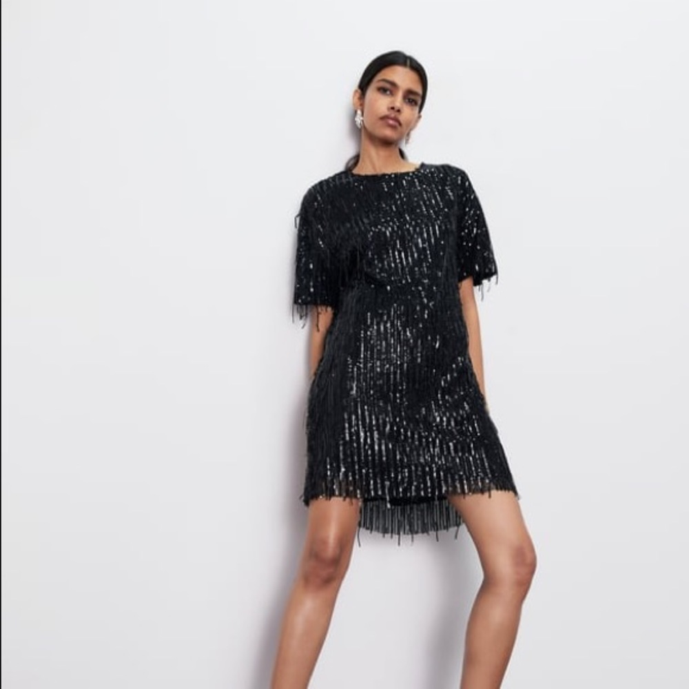Zara short fringed dress sequins black